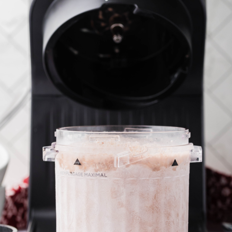 Frozen chocolate pint spun in the Ninja Creami into smooth, creamy Chocolate Devotion ice cream
