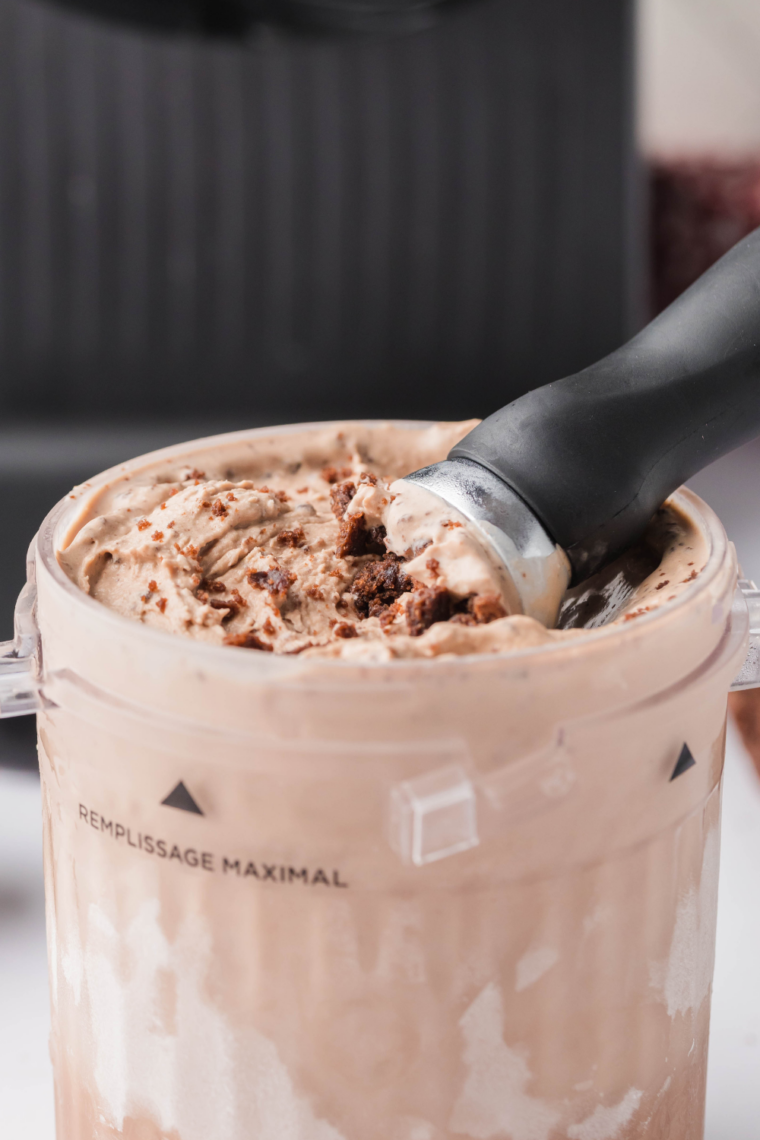 Ninja Creami pint of copycat Cold Stone Chocolate Devotion loaded with brownie chunks and semisweet chocolate chips