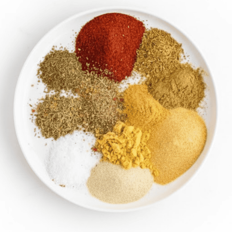 Ingredients for copycat Kinder's Buttery Garlic and Herb seasoning measured onto a white plate