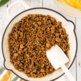 Ground beef taco meat seasoned with copycat Lawry's taco seasoning in a skillet