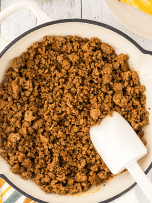 Ground beef taco meat seasoned with copycat Lawry's taco seasoning in a skillet