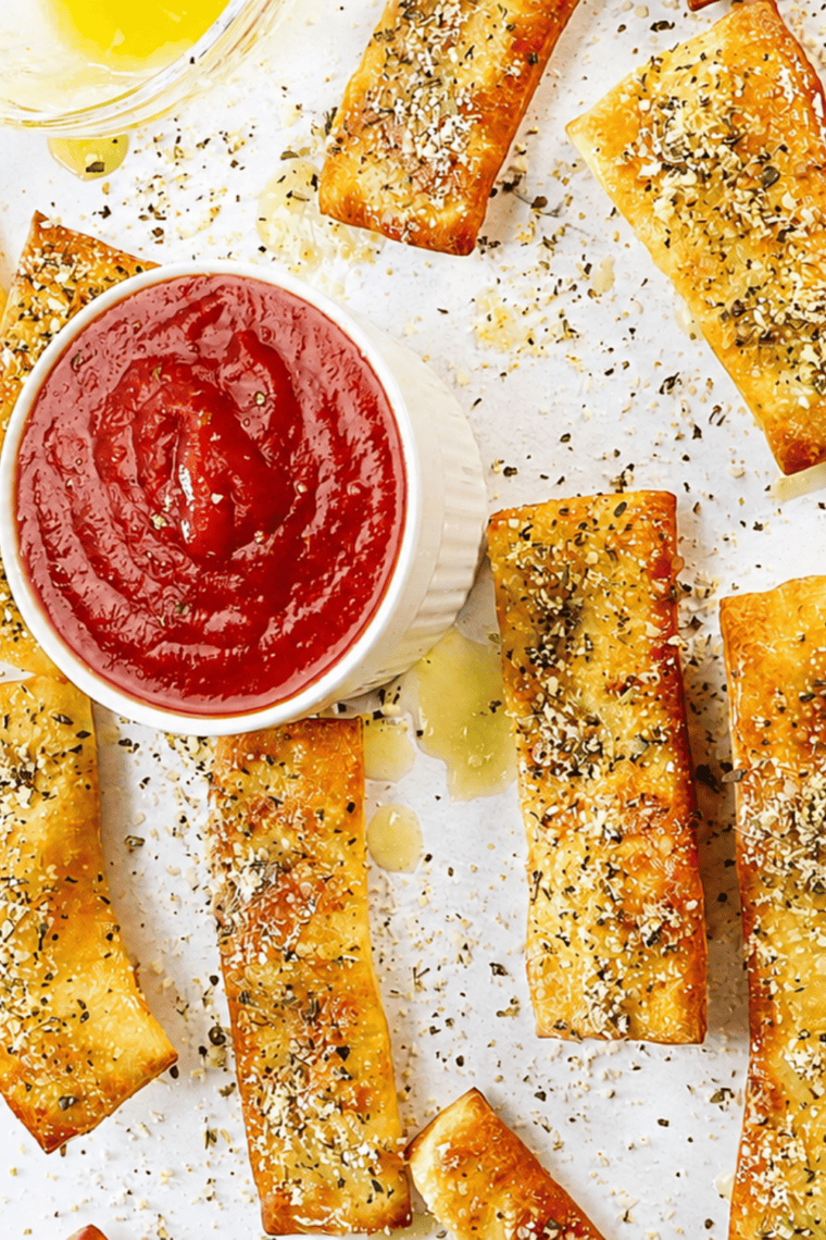 Cheese sticks on a wooden table with a bowl of marinara sauce for dipping
