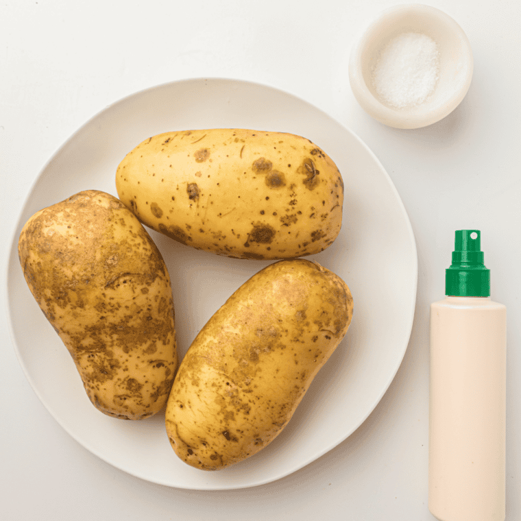 Ingredients for Ninja Crispi baked potatoes: russet potatoes, olive oil, and coarse salt